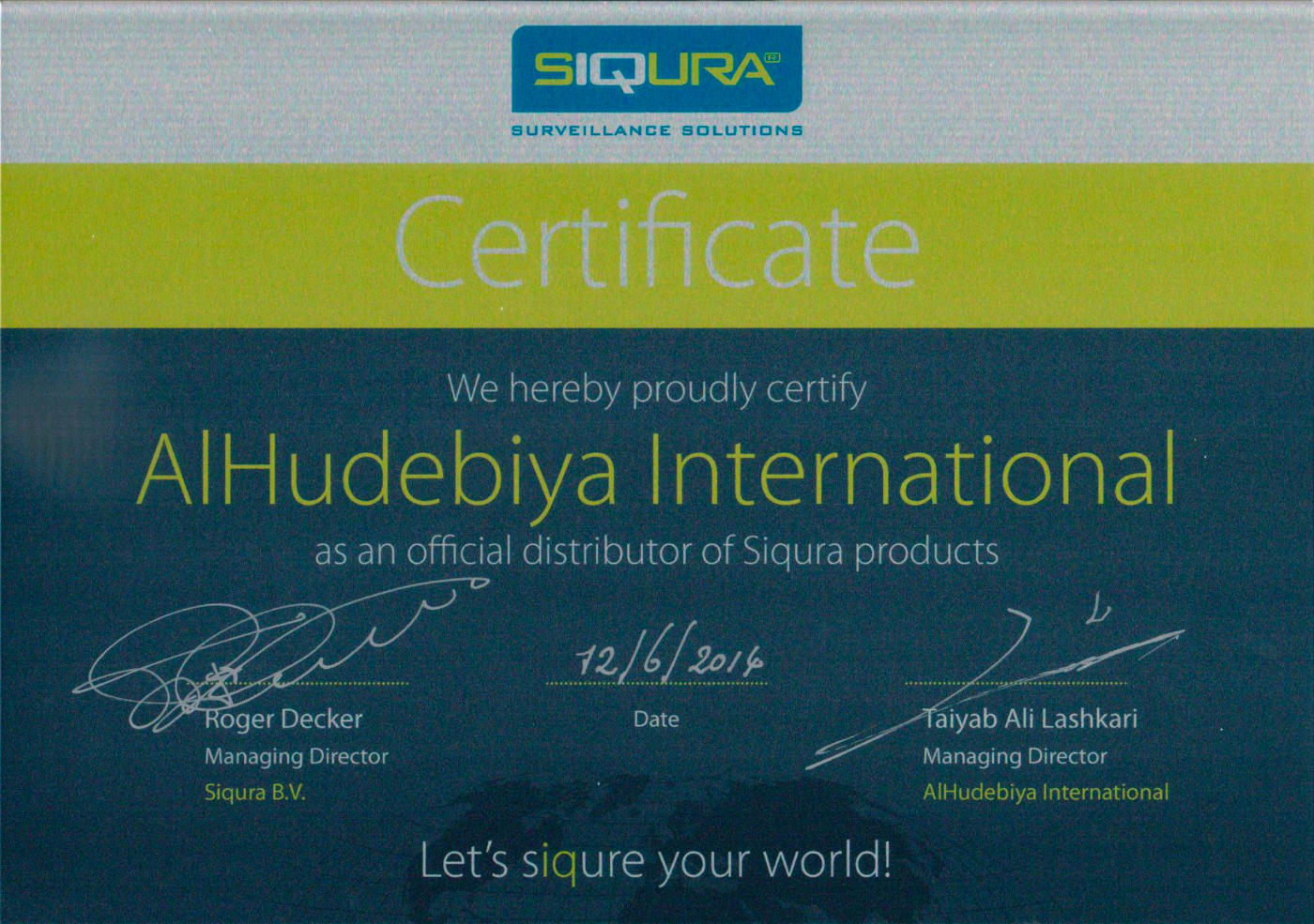 Siqura B.V. certificate appointing AlHudebiya International as an official distributor of Siqura products